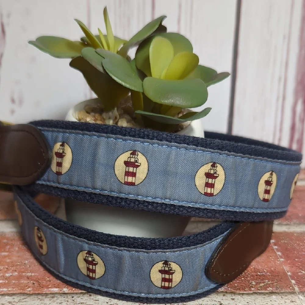 Vineyard Vines Lighthouse Belt Brown Leather and Blue‎ Canvas Size 32 Nautical
